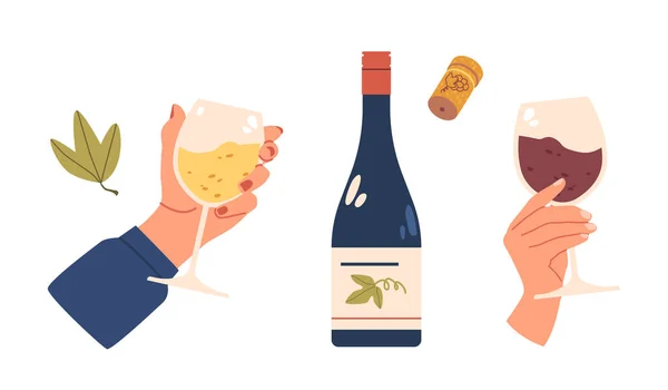 Elegant Hands Grasp Wineglasses Sleek Wine Bottle Creating Sophisticated Scene — Stock Vector