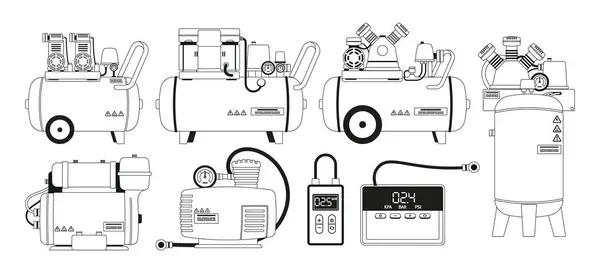 Air Compressors Outline Vector Icons Set Mechanical Devices Increase Air — Stock Vector