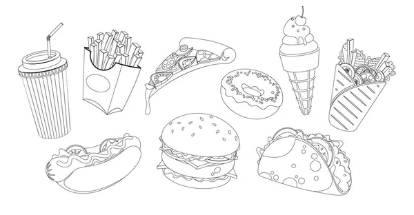 Fast Food Outline Icons Featuring Burger Fries Soda Donut Ice — Stock Vector