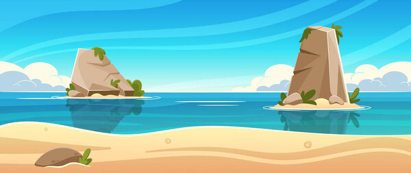 Пляж "Остров Роки в океане". Природный ландшафт с морем под голубым небом, спокойная водная поверхность с камнями под красивым облачным небом, векторная иллюстрация