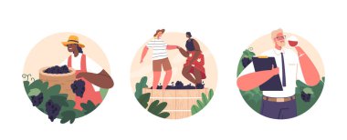 İzole edilmiş Yuvarlak Simgeler veya Görseller Şarap Üreticisi Karakterleri Üzüm toplama, Ezme ve Bastırma, Sommelier Tatma. Elle Şarap Üretimi veya Festivali İşlemi. Çizgi film İnsanları Vektör İllüstrasyonu