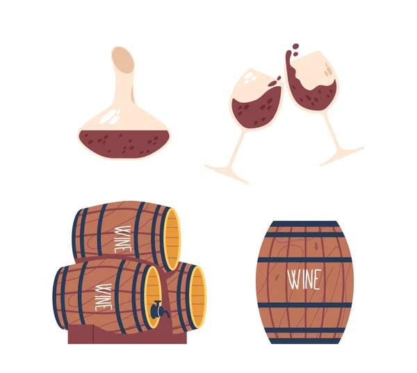 Wooden Wine Barrels Stablet Symmetry Clinking Wineglasses Med Rødvin Sommelier – stockvektor