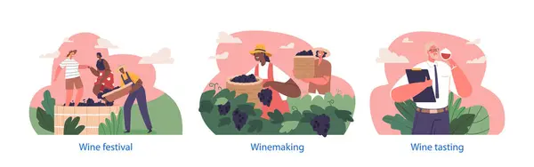 Isolated Vector Elements Winemakers Produce Wine Manual Winemaking Involves Hand — Stock Vector