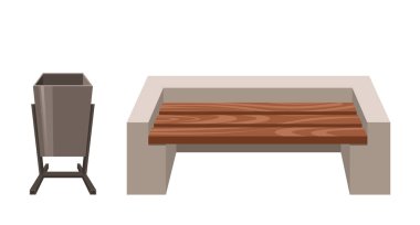 Beton elementli sağlam ahşap bir bank, yanında da parlak metal bir çöp kovası. Çöp kutusu uygun atık imhasını teşvik ederken Bench dinlenecek bir yer öneriyor. Çizgi film Vektör İllüstrasyonu