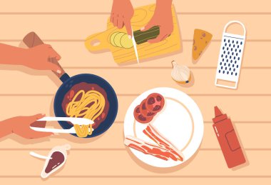 Yemek Elleri Üst Görünüm Hazırlama Yemeği. İnsan Kolları Sebzeleri Kesiyor, Makarna İçin Malzemeleri Hazırlıyor, Mutfak İşlem ve Tekniklerini Vurguluyor. Çizgi film Vektör İllüstrasyonu