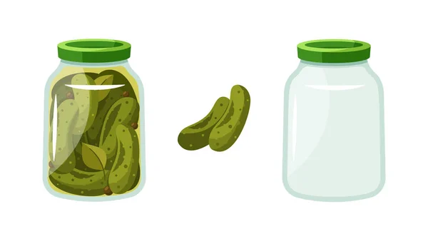 透明玻璃瓶展示了玻璃瓶的活力 泡菜黄瓜 绿色的色调保存在盐水中 脆而浓郁的香气预示着每只罐子里都会爆发出美味的香味 卡通矢量图解 — 图库矢量图片