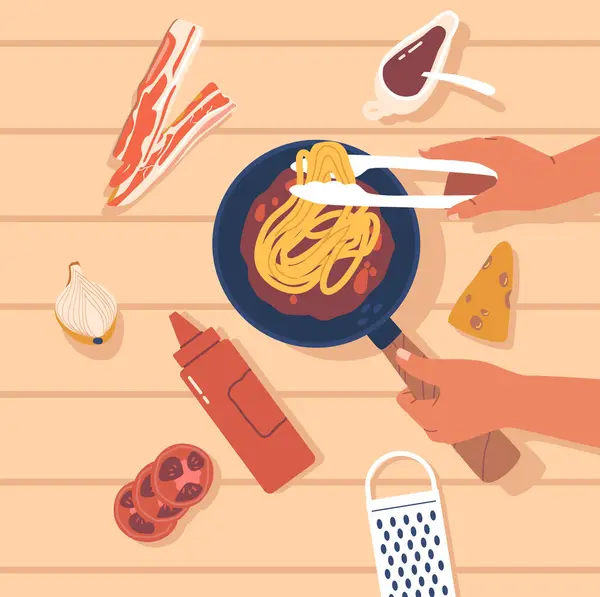 Naar Boven Afbeelding Weergeven Toont Pasta Voorbereidingsproces Menselijke Handen Spaghetti — Stockvector