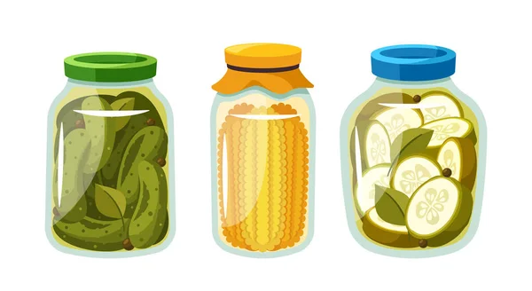 Glistening Glass Jars Showcase Meticulously Pickled Cucumbers Golden Corn Cobs — Stock Vector