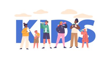 Mutlu Çocuk Karakterleri Renkli bardaklardan taze su yudumluyor. Güneşli bir oyunculuk zeminiyle çevrelenmiş su içerken gözleri neşeyle parıldıyor. Banner, Poster, Flyer için Vektör Kavramı