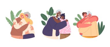 Yürek ısıtan Sahnedeki Karakterler, Yaşlı Annelerini Sıkıca Kucaklıyor, Sevgi ve Minnettarlığını İfade Ediyor. Gülümsemeler paylaştığımız mutluluğu yansıtır, Sonsuz bir bağ yaratır. Çizgi film İnsanları Vektör İllüstrasyonu