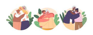 Ayrı Vektör Yuvarlak Simgeleri ya da Çizgi Film Erkeği ve Kadın Karakterleri ile Görseller Yaşlı Annelerini Kucaklıyor, Sevgi ve Minnettarlığını İfade Ediyor, Zamansız Bir Şefkat bağı yaratıyor. Vektör İllüstrasyonu