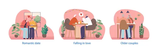 Isolated Vector Elements Cartoon Senior Romantic Couple Characters Cozy Cafe — Stockvector