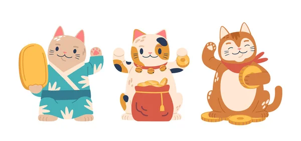 Maneki Neko Lucky Cats Japanische Figuren Mit Aufrechten Pfoten Die — Stockvektor