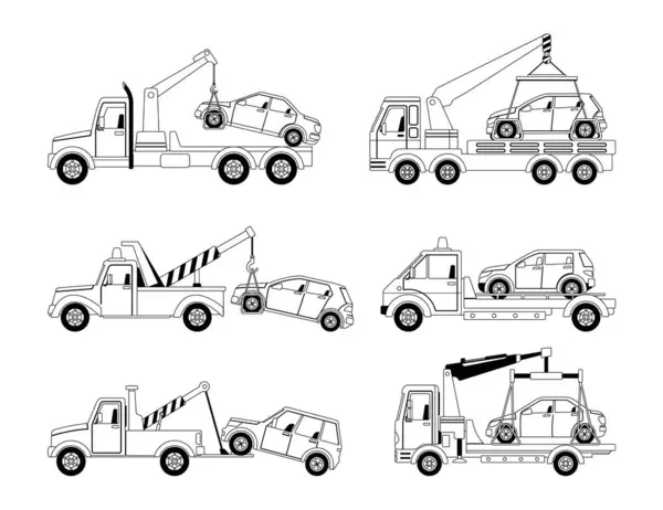 Set Vector Linear Icons Tow Trucks Haul Away Cars Improper — Stock Vector