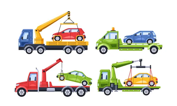Tow Trucks Haul Away Cars Parked Improperly Enforcing Penalties Vehicles — Stock Vector