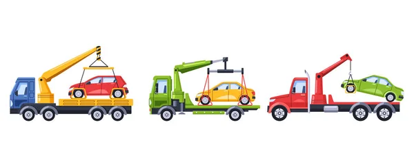 Tow Trucks Remove Improperly Parked Cars Relocating Them Penalty Area — Stock Vector