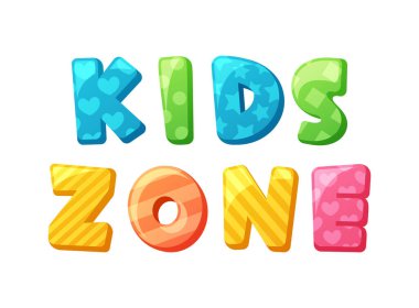 Çocuk Bölgesi Mesajı, neşeli, çocuksu bir yazı tipi, canlı renkler, tuhaf kıvrımlar ve genç zihinlerin hayallerini ateşleyen neşeli bir tasarım. Vektör İllüstrasyonu