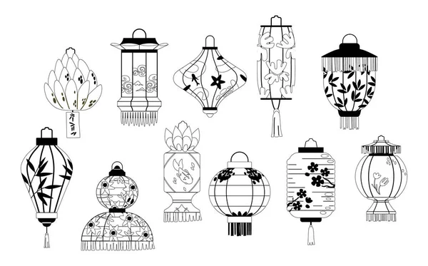 Lanternes Asiatiques Papier Icônes Linéaires Ensemble Vectoriel Caractéristiques Dessins Élégants — Image vectorielle