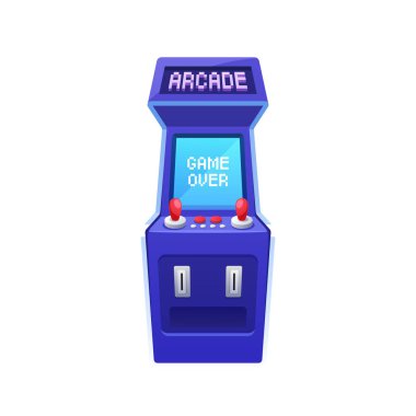 Oyun Başlığı Üzerindeki Retro Arcade Oyun Makinesi, Klasik Video Oyunlarını canlandıran Nostaljik Aygıt, Klasik Başlıkları ve İkonik pikselli Grafikler, Vektör