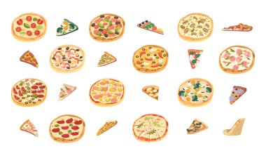 Farklı Pizzalar kümesi izole edilmiş Vektör Simgeleri. Tam ve dilimlenmiş, çeşitli soslar, soslar ve peynirlerle, özelleştirmeye izin veriliyor. Lezzetli ve çok yönlü bir aşçılık deneyimi sağlıyor.