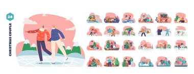 Mutlu Sevgili Çiftler Yılbaşı Tatillerini Hazırlayın ve Kutlayın. Erkek ve Kadın Karakterler Yemek Pişiriyor, Hediyeleri Açıyor, Ağacı Birlikte Süsleme. Çizgi film İnsanları Vektör İllüstrasyonu