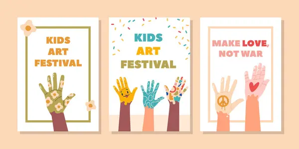 Vibrant Banners Art Festival Adorned Raised Painted Kids Hands Kaleidoscope — Stock Vector