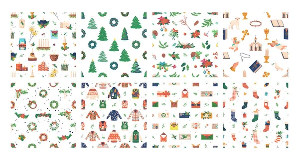 Modelli Natale Set Caratteristiche Festivi Senza Soluzione Continuità Disegni Ornamenti — Vettoriale Stock