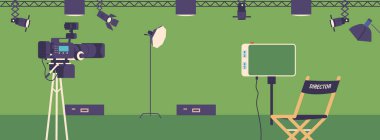 Geniş Film Stüdyosu Özgeçmişi Chromakey, Gelişmiş Aydınlatma ve Keskin Gelişmiş Cihazlar. Film yapımcılarının hikayeleri hayata geçirmesi için yaratıcı bir merkez. Çizgi film Vektör İllüstrasyonu