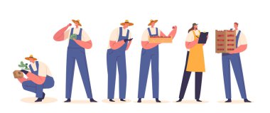 Çilek tohumları ve hasatı olan işçi karakterleri. Olgun böğürtlen ekip biçen çiftçiler. Onların çabaları cömert ve tatlı üretime katkıda bulunuyor. Çizgi film Vektör İllüstrasyonu