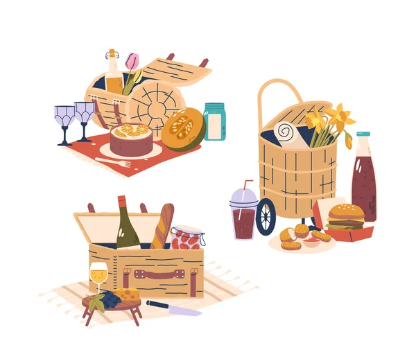 Picnic Baskets Adorned Delightful Assortment Gourmet Products Perfect Outdoor Gatherings — Stock Vector