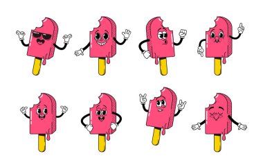 Frosty Pop 'la tanışın, neşeli yüzlü Retro karikatür dondurma, canlı renkler ve havalı bir tutum her yaz gününe nostalji ve tatlılık getiriyor. Vektör İllüstrasyonu, Emojis Ayarlandı