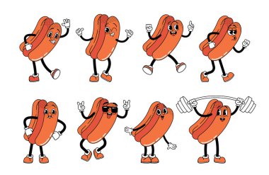 Neşeli yüzlü, spor gözlüklü, oyuncu sırıtışlı, Halter 'la antrenman yapan, Neşe Getiren Sonsuz Cazibe saçan karizmatik bir Hot Dog Karakteri. Vektör İllüstrasyonu