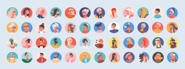 Çeşitli cinsiyetlerden, etnik kökenlerden, çağlardan ve tarzlardan oluşan, Dijital İletişim ve Sanal Etkileşimler için geniş bir yelpazede karakterler sunan bir grup insan. Çizgi film Vektör İllüstrasyonu