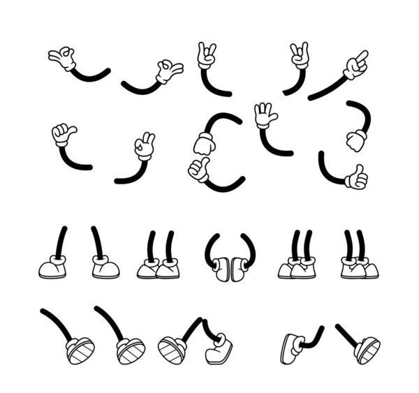 Руки и ноги в карикатурном стиле Whimsical Retro, каждый обладает причудливым шармом. Playful Lines And Monochrome Colors Evoque A Sense of Nostalgia And Lighthearted Animation, Character Construction Kit