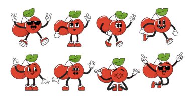 Çizgi film, canlı moda tutkusu ve retro müzik tutkusu olan harika bir kiraz renkli karakter. Olgun Böğürtlenler Dans, Islık ve Bulaşıcı Enerji ile Eğlence. Vektör İllüstrasyonu, Canlandırma Kiti