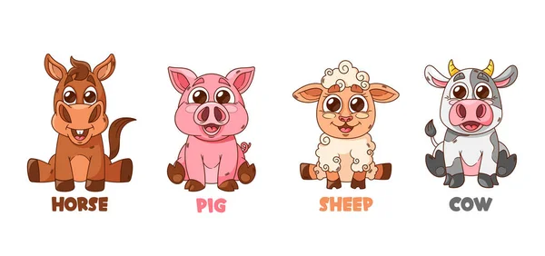 Cartoon Pets Funny Horse Kawaii Pig Fluffy Sheep Cute Bunny — Stock Vector