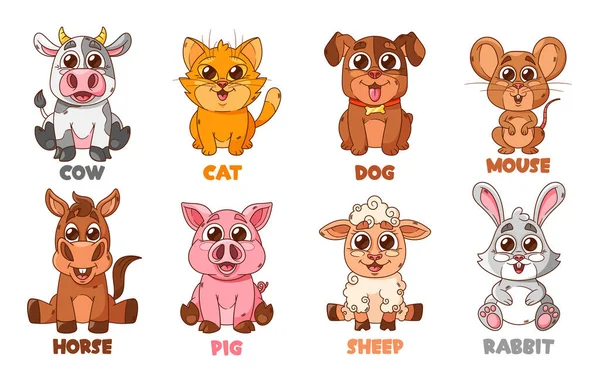 Cartoon Zvířata Krávy Kočka Pes Myš Kůň Prasata Ovce Nebo — Stockový vektor
