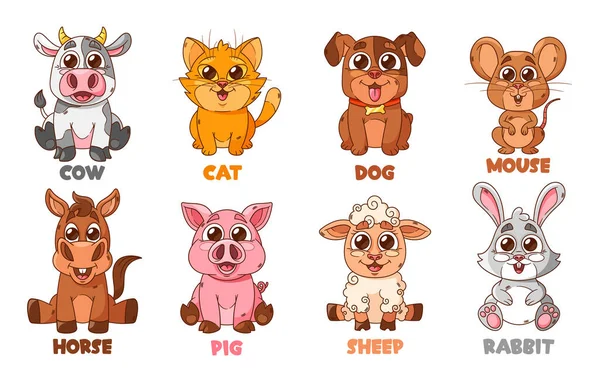 Animaux Dessin Animé Vache Chat Chien Souris Cheval Porc Mouton — Image vectorielle