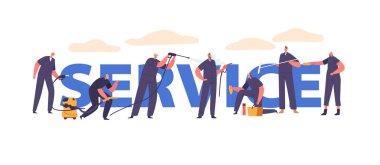 Ekipmanlı Temizlik Hizmetleri Personeli. İşçi Karakterleri, profesyonellikle kusursuz bir çevre ve müşteri memnuniyetine büyük bir bağlılık sağlıyor. Banner, Poster veya Flyer için Vektör Kavramı
