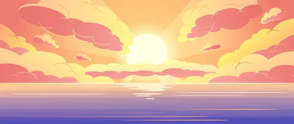Sunset In the Ocean, Nature Landscape Background, Pink And Yellow Fluffy Clouds In Orange Sky With Sun Shining Above Tranquil Sea Water Surface, Serene Evening View. Cartoon Vector Illustration
