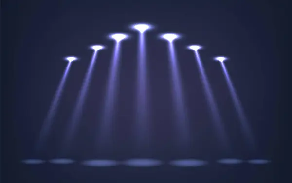 Промені Прожекторів Реалістичні Векторні Зосереджені Інтенсивні Промені Світла Падають Стелі — стоковий вектор