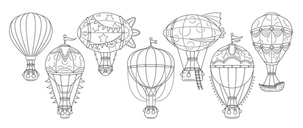 热空气气球在各种设计中 单色线性矢量图标集 捕捉飞行的异想天开的本质 这些风流韵事和极简主义的标志传达了热气球探险的乐趣 — 图库矢量图片