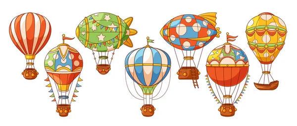 Heißluftballons Cartoon Vector Set Vorhanden Bunte Schwimmende Flugzeuge Die Mit — Stockvektor