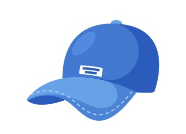 Mavi Beyzbol şapkası, güneş koruması ya da stili için giyilmiş günlük başlık. Etiket ve dikiş tasarımlarıyla süslenmiş yuvarlak bir taç ve güneşlik içeriyor. Çizgi film Vektör İllüstrasyonu