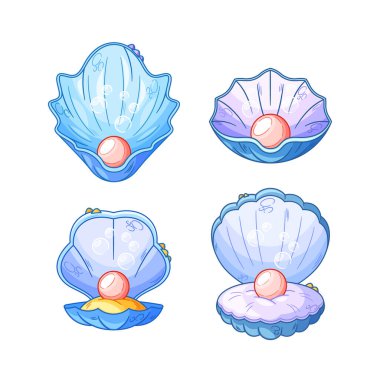 Bivalve ve eşsiz deniz kabukları, parlak incilerle, doğal zarafeti ortaya çıkarır, değerli taşları beşikler, somutlaştırıcı basitlik ve güzelliği uyumlu bir arada sunar. Çizgi film Vektör İllüstrasyonu