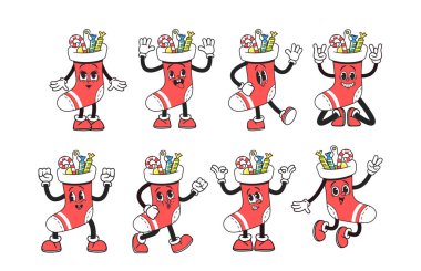 Retro Groovy Noel Çorabı Emoji psikedelik desenleri, disko hareketleri ve bayram tezahüratlarıyla neşeli titreşimler yayıyor. Harika Noel Karikatürü Dansçısı Xmas Neşe saçıyor. Vektör İllüstrasyonu