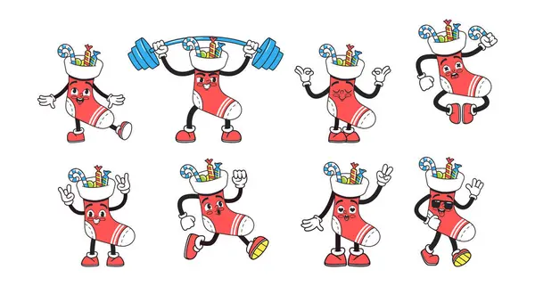 Chaussettes Noël Groovy Personnages Personnages Animés Vibrants Dans Style Rétro — Image vectorielle
