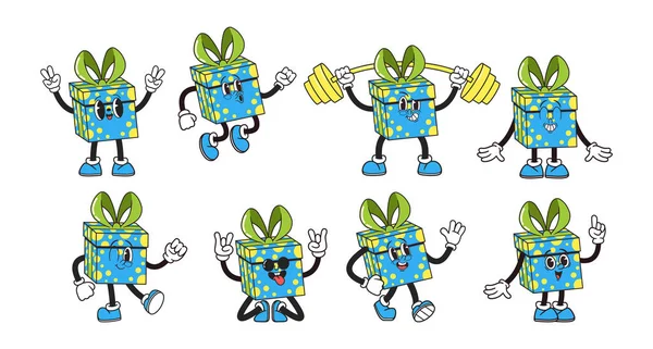 Retro Groovy Present Box Character Emoji Vibrant Dancing Exercising Gift — Stock Vector