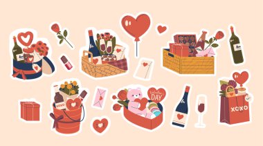 Sevgililer Günü Hediyeleri Vektör Etiketleri Seti. Zarif Paketlere Şevkatli Aşk, Romantizm İçin Küratörlük. Özel Etkinliği Kutlamak İçin Hoş Muameleler, Kartlar ve Büyüleyici Sürprizler