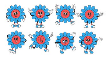 Retro Flowers Emoji Express Çiçek Gücü, Yayılma Pozitifliği ve Funk Titreşimleri ile Harika. Karikatür, canlı, duygusal karakterler dans et, gülümse, zıpla ve nostaljik ruh halini ifade et. Vektör İllüstrasyonu
